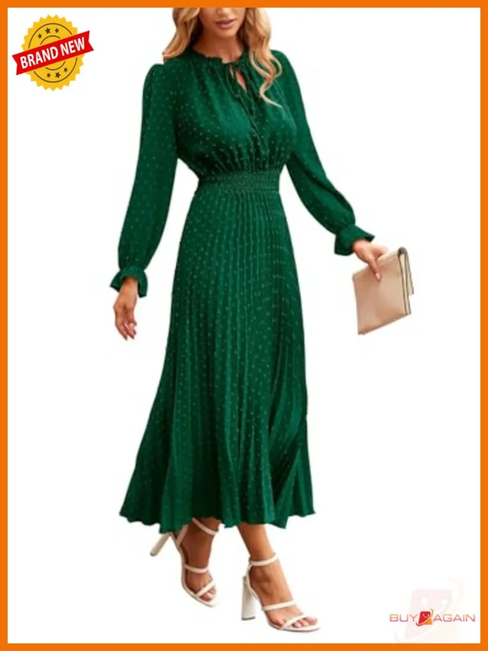 PRETTYGARDEN Women's Swiss Dot Midi Dress Long Sleeve V Neck Casual